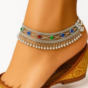 Oxidised Silver Floral Kundan Alloy Anklet